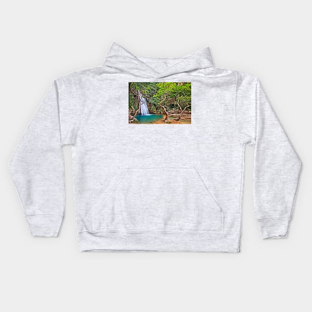 Waterfall in Neda canyon Kids Hoodie by Cretense72